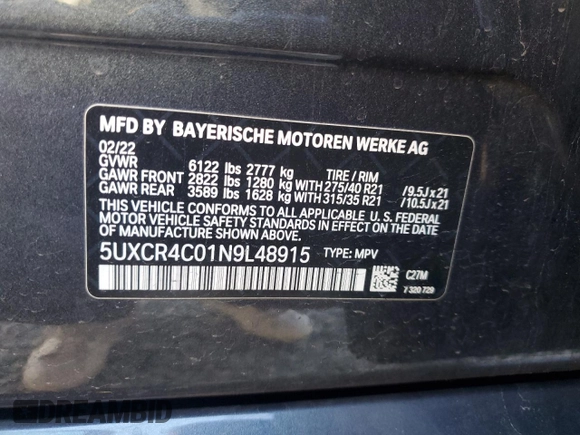 2022 BMW X5 sDrive40i with VIN 5UXCR4C01N9L48915, listed as a Copart auction lot 48074965 with 36,945 mi miles and Salvage Title. Bid and sale history available at carsss.com. Image 14.