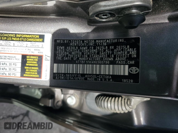 2017 Toyota Camry XLE with VIN 4T1BF1FK4HU360796, listed as a Copart auction lot 48974655 with 120,319 mi miles and Salvage Title. Bid and sale history available at carsss.com. Image 14.