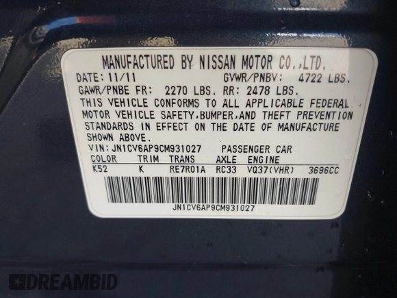 2012 Infiniti G37 Sedan Journey with VIN JN1CV6AP9CM931027, listed as a IAAI auction lot 42097241 with Not Provided miles. Bid and sale history available at carsss.com. Image 9.