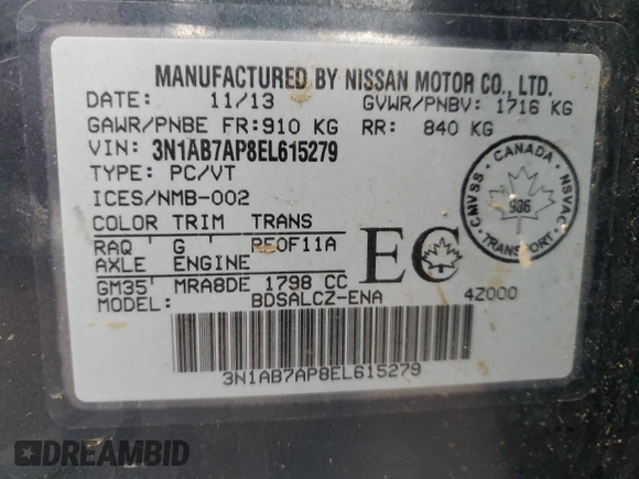 2014 Nissan Sentra S with VIN 3N1AB7AP8EL615279, listed as a Copart auction lot 49953475 with Not Provided miles and Clean Title. Bid and sale history available at DreamBid. Image 13.