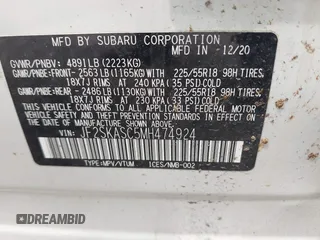 2021 Subaru Forester Limited with VIN JF2SKASC5MH474924, listed as a IAAI auction lot 42502113 with 43,379 mi miles and . Bid and sale history available at DreamBid. Image 9.