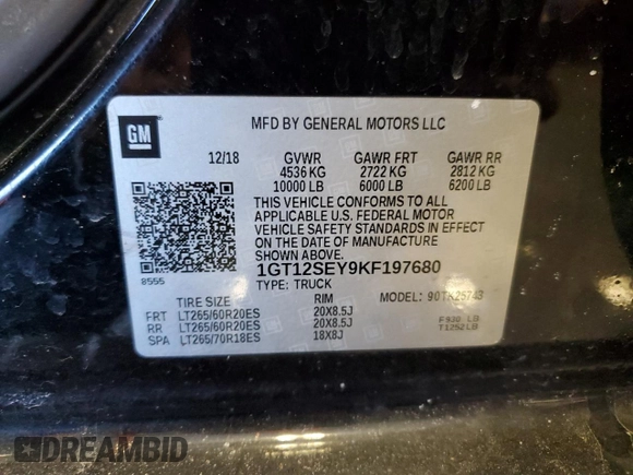 2019 GMC Sierra 2500HD Denali with VIN 1GT12SEY9KF197680, listed as a Copart auction lot 43389545 with 0 mi miles and Non Repairable. Bid and sale history available at carsss.com. Image 12.
