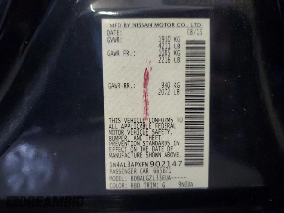 2015 Nissan Altima 2.5 with VIN 1N4AL3APXFN902147, listed as a Copart auction lot 64244235 with 126,307 mi miles and Salvage title. Bid and sale history available at DreamBid. Image 13.
