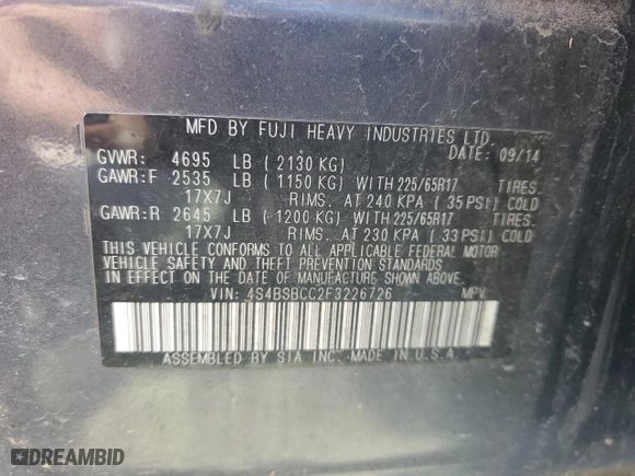 2015 Subaru Outback 2.5i Premium with VIN 4S4BSBCC2F3226726, listed as a Copart auction lot 49598395 with 242,687 mi miles and Salvage Title. Bid and sale history available at carsss.com. Image 14.