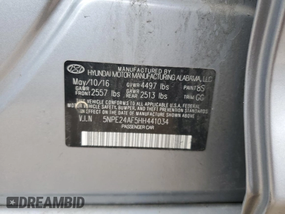 2017 Hyundai Sonata 2.4L with VIN 5NPE24AF5HH441034, listed as a Copart auction lot 51003565 with 123,307 mi miles and Salvage Title. Bid and sale history available at carsss.com. Image 12.