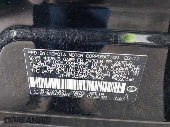 2011 Lexus IS 250 z VIN JTHBF5C26B5145842, wystawiony jako IAAI lot #41807032 z przebiegiem 78 087 mil mil oraz . Historia ofert i sprzedaży dostępna na DreamBid. Obrazek 9.