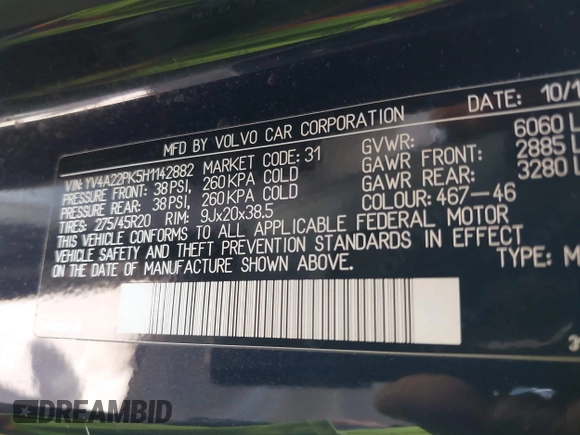 2017 Volvo XC90 with VIN YV4A22PK5H1142882, listed as a IAAI auction lot 42019322 with 108,114 mi miles and . Bid and sale history available at DreamBid. Image 9.