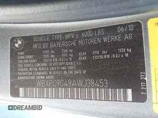 2010 BMW X3 xDrive30i with VIN WBXPC9C49AWJ38453, listed as a IAAI auction lot 41863225 with 1 mi miles. Bid and sale history available at carsss.com. Image 9.