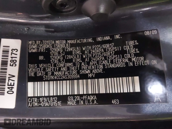 2010 Toyota Sienna XLE with VIN 5TDYK4CC2AS309994, listed as a IAAI auction lot 41487495 with 0 mi miles. Bid and sale history available at carsss.com. Image 9.