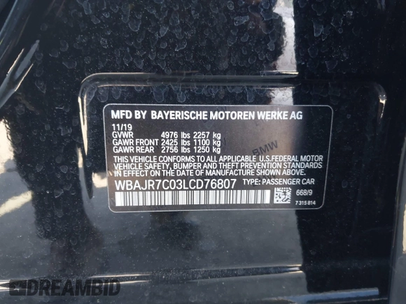 2020 BMW 5 Series 530i xDrive z VIN WBAJR7C03LCD76807, wystawiony jako IAAI lot #41887586 z przebiegiem 54 830 mil mil oraz . Historia ofert i sprzedaży dostępna na DreamBid. Obrazek 9.
