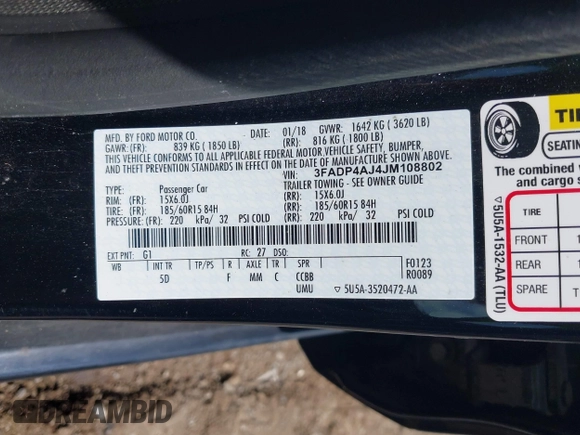 2018 Ford Fiesta S with VIN 3FADP4AJ4JM108802, listed as a IAAI auction lot 42746692 with 79,840 mi miles and . Bid and sale history available at DreamBid. Image 9.