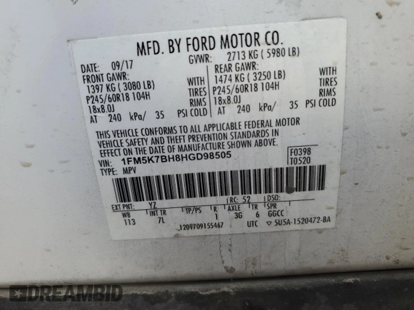 2017 Ford Explorer with VIN 1FM5K7BH8HGD98505, listed as a Copart auction lot 69873874 with Not Provided miles and Non Repairable. Bid and sale history available at DreamBid. Image 15.