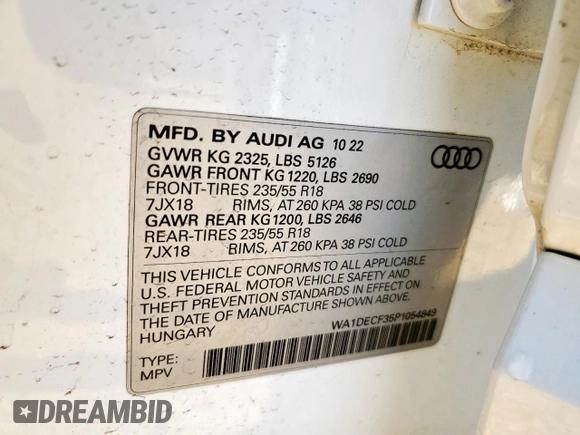 2023 Audi Q3 S line Premium with VIN WA1DECF35P1054849, listed as a Copart auction lot 58766615 with 43,588 mi miles and Salvage title. Bid and sale history available at DreamBid. Image 13.