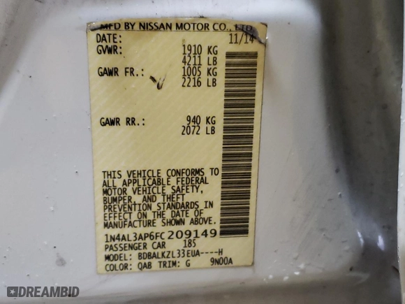 2015 Nissan Altima 2.5 SV with VIN 1N4AL3AP6FC209149, listed as a Copart auction lot 84055304 with 167,543 mi miles and Non Repairable. Bid and sale history available at carsss.com. Image 12.