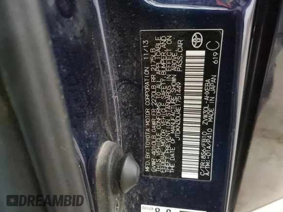 2014 Toyota Prius Four with VIN JTDKN3DU4E1751449, listed as a Copart auction lot 51765255 with 235,629 mi miles and Salvage Title. Bid and sale history available at carsss.com. Image 12.