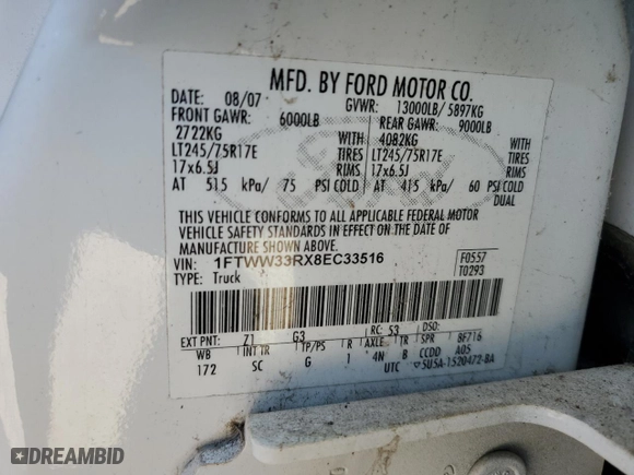 2008 Ford Super Duty F-350 DRW XL with VIN 1FTWW33RX8EC33516, listed as a Copart auction lot 82907584 with 0 mi miles and Salvage Title. Bid and sale history available at carsss.com. Image 12.