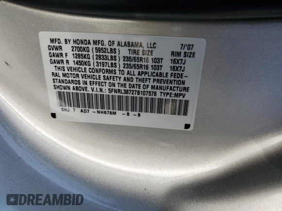 2007 Honda Odyssey EX-L with VIN 5FNRL38727B107578, listed as a Copart auction lot 54243105 with 181,524 mi miles and Salvage Title. Bid and sale history available at carsss.com. Image 13.