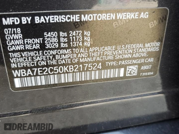 2019 BMW 7 Series 740i with VIN WBA7E2C50KB217524, listed as a Copart auction lot 42840423 with 0 mi miles. Bid and sale history available at carsss.com. Image 12.