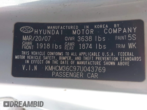 2007 Hyundai Accent GS with VIN KMHCM36C97U043769, listed as a IAAI auction lot 41526011 with 230,566 mi miles. Bid and sale history available at carsss.com. Image 9.