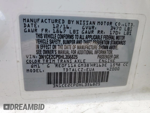 2017 Nissan Note S Plus with VIN 3N1CE2CP0HL356825, listed as a Copart auction lot 59144785 with 117,068 mi miles and Clean title. Bid and sale history available at DreamBid. Image 13.