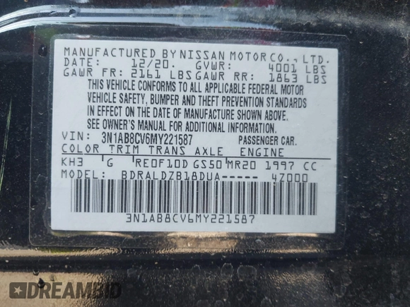2021 Nissan Sentra SV with VIN 3N1AB8CV6MY221587, listed as a IAAI auction lot 41899533 with 55,317 mi miles and . Bid and sale history available at DreamBid. Image 9.