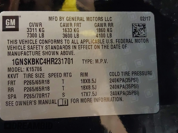 2017 Chevrolet Tahoe LT with VIN 1GNSKBKC4HR231701, listed as a IAAI auction lot 41201223 with 80,045 mi miles and . Bid and sale history available at DreamBid. Image 9.