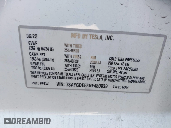 2022 Tesla Model Y Long Range with VIN 7SAYGDEE8NF480939, listed as a IAAI auction lot 41808863 with 62,607 mi miles and . Bid and sale history available at carsss.com. Image 9.