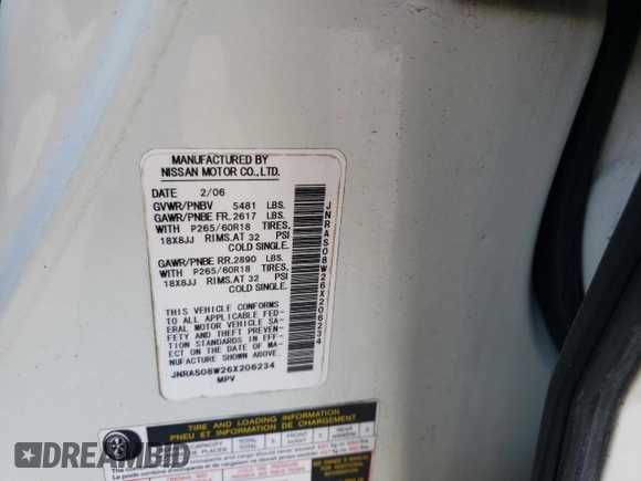 2006 Infiniti FX35 with VIN JNRAS08W26X206234, listed as a Copart auction lot 76210074 with 182,067 mi miles and Salvage Title. Bid and sale history available at carsss.com. Image 15.