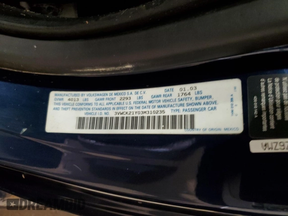 2003 Volkswagen Beetle GLS with VIN 3VWCK21Y03M310235, listed as a Copart auction lot 56853935 with 93,424 mi miles and Clean Title. Bid and sale history available at DreamBid. Image 12.