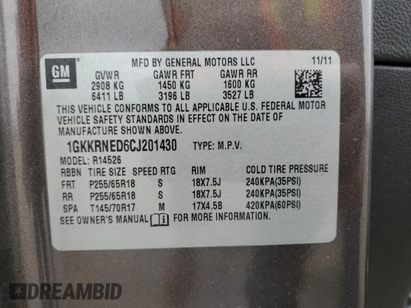 2012 GMC Acadia SL z VIN 1GKKRNED6CJ201430, wystawiony jako Copart lot #47527465 z przebiegiem 155 715 mil mil oraz Szkoda całkowita • Salvage title. Historia ofert i sprzedaży dostępna na DreamBid. Obrazek 14.