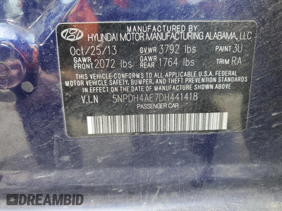2013 Hyundai Elantra GLS with VIN 5NPDH4AE7DH441418, listed as a Copart auction lot 64474495 with 201,244 mi miles and Clean title. Bid and sale history available at DreamBid. Image 13.