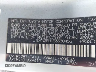 2014 Toyota Prius Two with VIN JTDZN3EU1E3330452, listed as a IAAI auction lot 41525661 with Not Provided miles and . Bid and sale history available at DreamBid. Image 9.