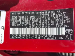 2012 Toyota Corolla L with VIN 2T1BU4EE3CC800424, listed as a IAAI auction lot 42071780 with 204,196 mi miles. Bid and sale history available at carsss.com. Image 9.