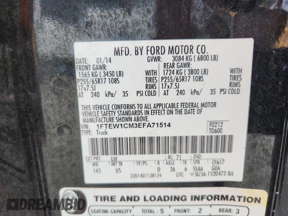 2014 Ford F-150 XL with VIN 1FTEW1CM3EFA71514, listed as a Copart auction lot 62580005 with 331,465 mi miles and Clean title. Bid and sale history available at DreamBid. Image 12.