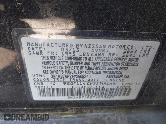 2015 Nissan Sentra SV with VIN 3N1AB7AP2FY290827, listed as a IAAI auction lot 41950334 with 162,224 mi miles. Bid and sale history available at carsss.com. Image 9.