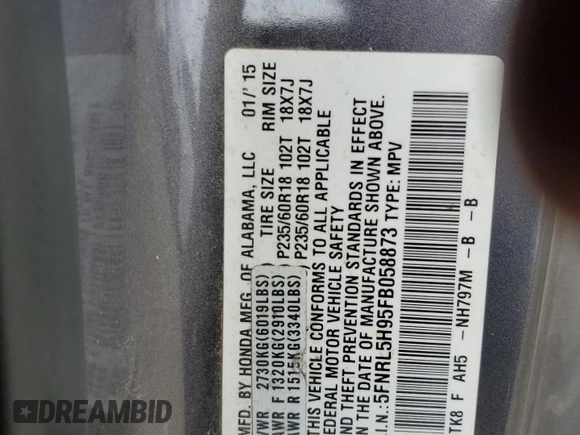 2015 Honda Odyssey Touring Elite with VIN 5FNRL5H95FB058873, listed as a Copart auction lot 53744295 with 139,856 mi miles and Salvage title. Bid and sale history available at DreamBid. Image 14.