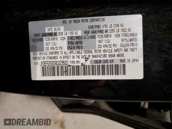 2009 Mazda CX-7 Sport z VIN JM3ER293090223583, wystawiony jako Copart lot #49154115 z przebiegiem 146 993 mil mil oraz Szkoda całkowita • Salvage title. Historia ofert i sprzedaży dostępna na DreamBid. Obrazek 14.