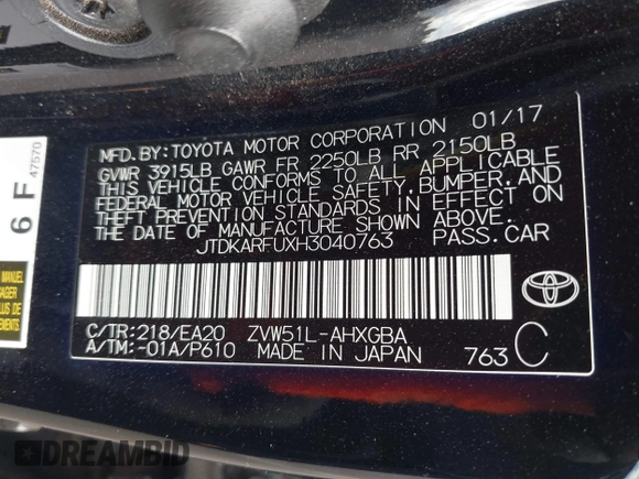 2017 Toyota Prius Two with VIN JTDKARFUXH3040763, listed as a IAAI auction lot 42041831 with 120,063 mi miles. Bid and sale history available at carsss.com. Image 9.