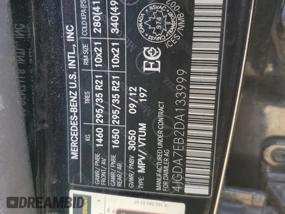 2013 Mercedes-Benz M 63 AMG with VIN 4JGDA7EB2DA133999, listed as a Copart auction lot 49007075 with 125,781 mi miles and Salvage Title. Bid and sale history available at DreamBid. Image 13.