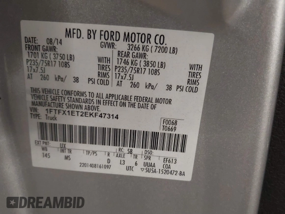 2014 Ford F-150 XL with VIN 1FTFX1ET2EKF47314, listed as a IAAI auction lot 41775865 with 167,908 mi miles. Bid and sale history available at carsss.com. Image 9.