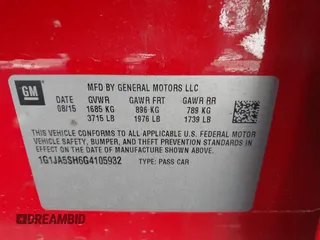 2016 Chevrolet Sonic LS with VIN 1G1JA5SH6G4105932, listed as a IAAI auction lot 35487736 with 91,467 mi miles and . Bid and sale history available at DreamBid. Image 9.