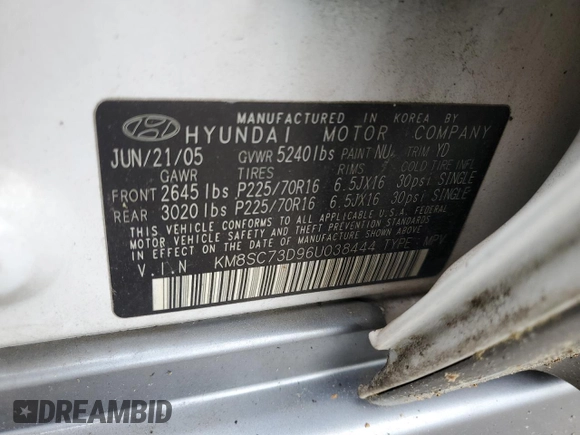 2006 Hyundai Santa Fe GLS z VIN KM8SC73D96U038444, wystawiony jako Copart lot #57322045 z przebiegiem 70 337 mil mil oraz Szkoda całkowita • Salvage title. Historia ofert i sprzedaży dostępna na DreamBid. Obrazek 14.