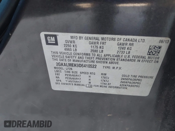 2013 GMC Terrain SLE with VIN 2GKALMEK9D6410522, listed as a IAAI auction lot 41761886 with 123,259 mi miles. Bid and sale history available at carsss.com. Image 9.