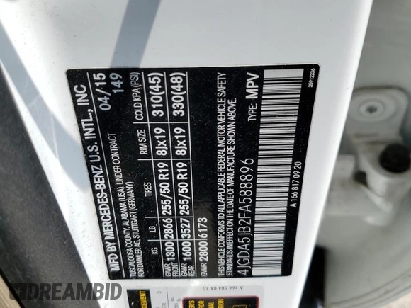 2015 Mercedes-Benz M 350 with VIN 4JGDA5JB2FA588896, listed as a Copart auction lot 62105315 with 91,992 mi miles and Salvage title. Bid and sale history available at DreamBid. Image 13.
