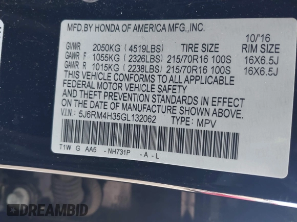 2016 Honda CR-V LX with VIN 5J6RM4H35GL132062, listed as a IAAI auction lot 41716049 with 90,253 mi miles. Bid and sale history available at carsss.com. Image 9.