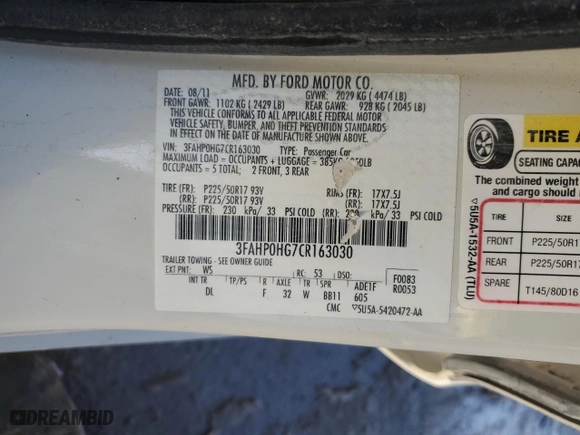 2012 Ford Fusion SE with VIN 3FAHP0HG7CR163030, listed as a Copart auction lot 37162214 with 140,486 mi miles and Salvage Title. Bid and sale history available at carsss.com. Image 13.