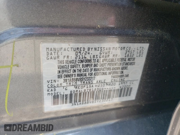 2025 Nissan Sentra S with VIN 3N1AB8BV8SY232217, listed as a Copart auction lot 59198465 with 1,859 mi miles and Salvage title. Bid and sale history available at DreamBid. Image 12.