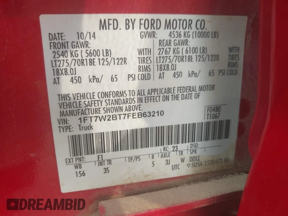 2015 Ford F-250 Lariat with VIN 1FT7W2BT7FEB63210, listed as a IAAI auction lot 39905045 with 213,169 mi miles and . Bid and sale history available at DreamBid. Image 9.