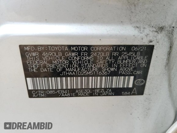 2021 Lexus IS 300 with VIN JTHAA1D25M5116367, listed as a Copart auction lot 52492945 with 132,647 mi miles and Salvage title. Bid and sale history available at DreamBid. Image 14.