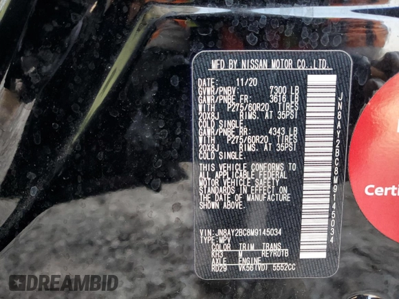 2021 Nissan Armada SL z VIN JN8AY2BC8M9145034, wystawiony jako Copart lot #42877325 z przebiegiem 76 272 mil mil oraz Szkoda całkowita • Salvage title. Historia ofert i sprzedaży dostępna na DreamBid. Obrazek 15.